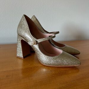 Kate Spade Maren Glitter Mary Jane Pumps Pearl Strap Block Heel Size 6.5 Gold